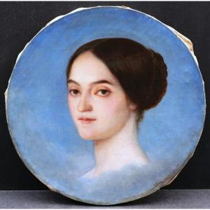 Félix-Joseph BARRIAS, Portrait de femme sur fond bleu, tableau en tondo