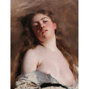 Charles Joshua CHAPLIN, Femme allongée à la poitrine dénudée, tableau de nu féminin