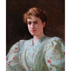 Auguste RAYNAUD, Portrait de jeune femme en robe vert pâle à motifs fleuris, tableau