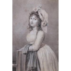 École FRANÇAISE fin XVIIIème siècle, Portrait de jeune femme, dessin ancien signé Augustin