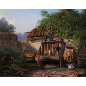Gerhardus Meijer, Farmyard With Chickens, Landscape Painting