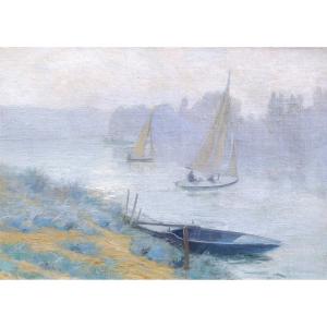 French School, Circa 1900, Sailing Boats On The Seine, Impressionist Landscape Painting