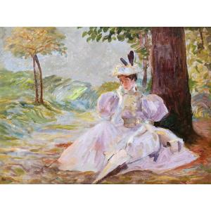 French Impressionist School, Circa 1880, Woman With A Pince-nez Seated Under A Tree, Painting