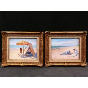 Attributed To Lucien Hector Jonas, Two Beach Scenes, A Pair Of Landscape Paintings