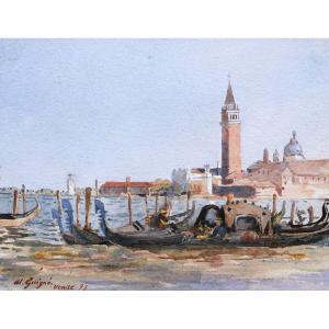 Alexis Eugène Guigné, Gondoliers In Front Of San Giorgio Maggiore (venice), Watercolor