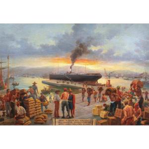 Attributed To Luigi Segala, Harbor Scene In Vigo, Spain, Large-format Seascape
