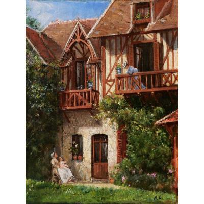 French School, Late 19th Century, Woman, Nurse And Child In Front Of A Norman House