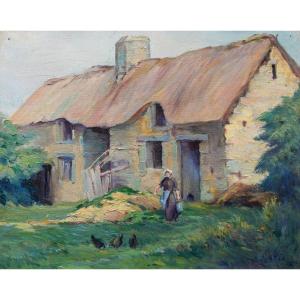 Laurent Gallio, Farm, Farmer's Wife And Hens, Painting