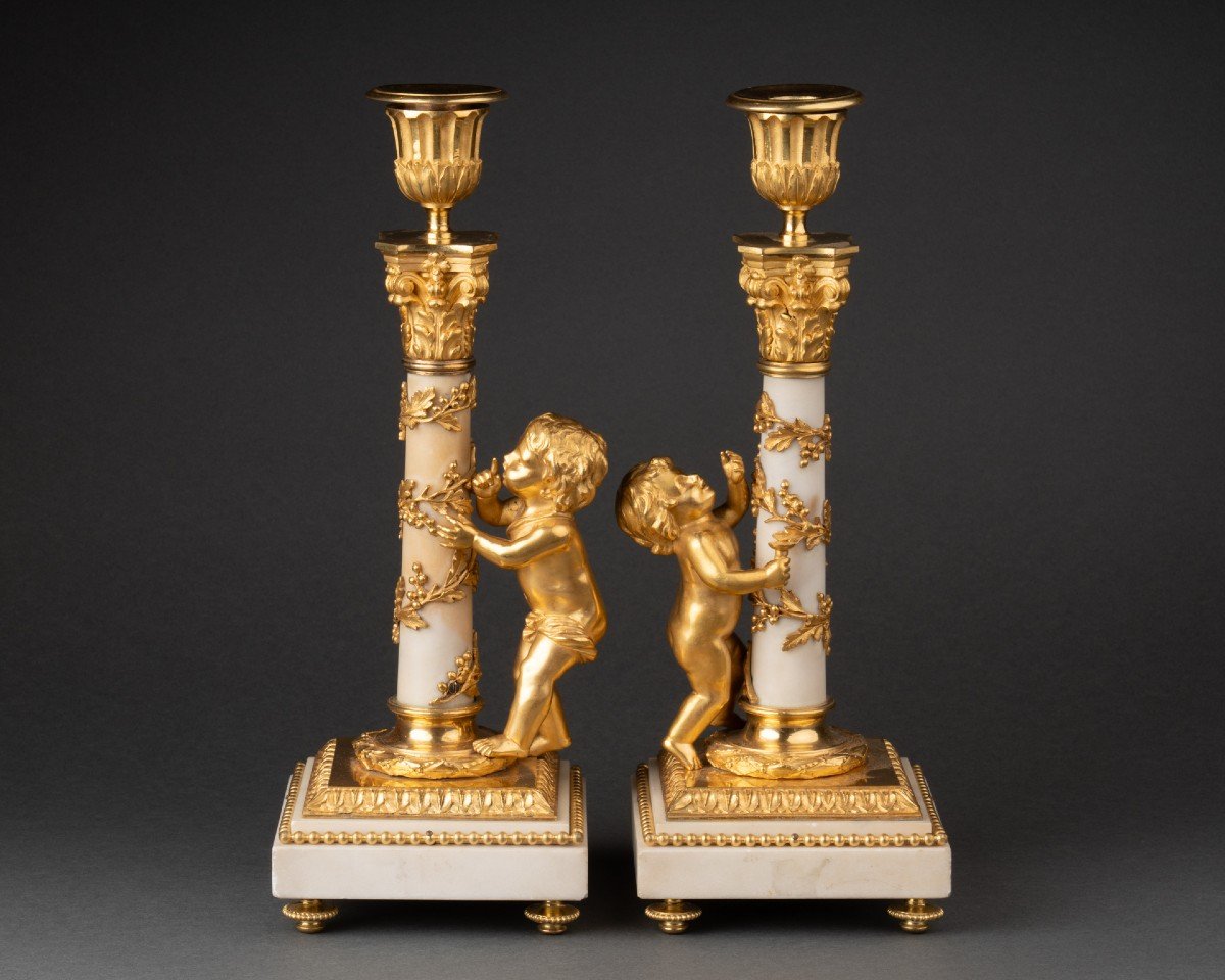 Paire de bougeoirs marbre blanc époque Louis XVI fin du XVIII ème siècle-photo-2