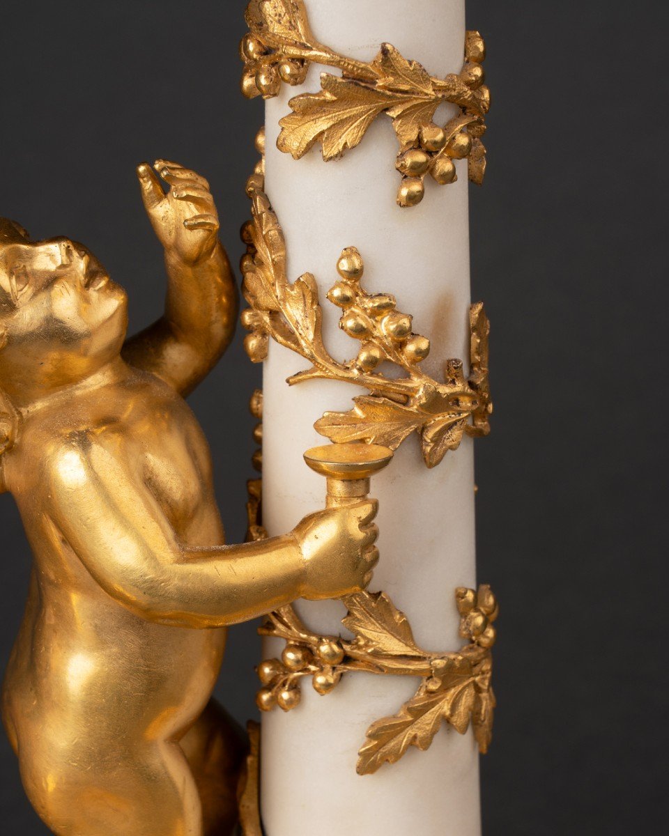 Paire de bougeoirs marbre blanc époque Louis XVI fin du XVIII ème siècle-photo-4