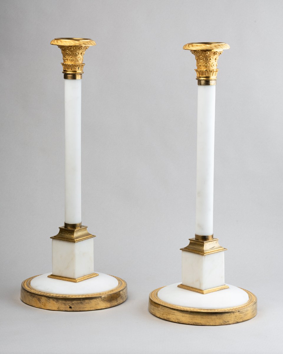 Pair Of Large White Marble Candlesticks, Circa 1800-photo-2