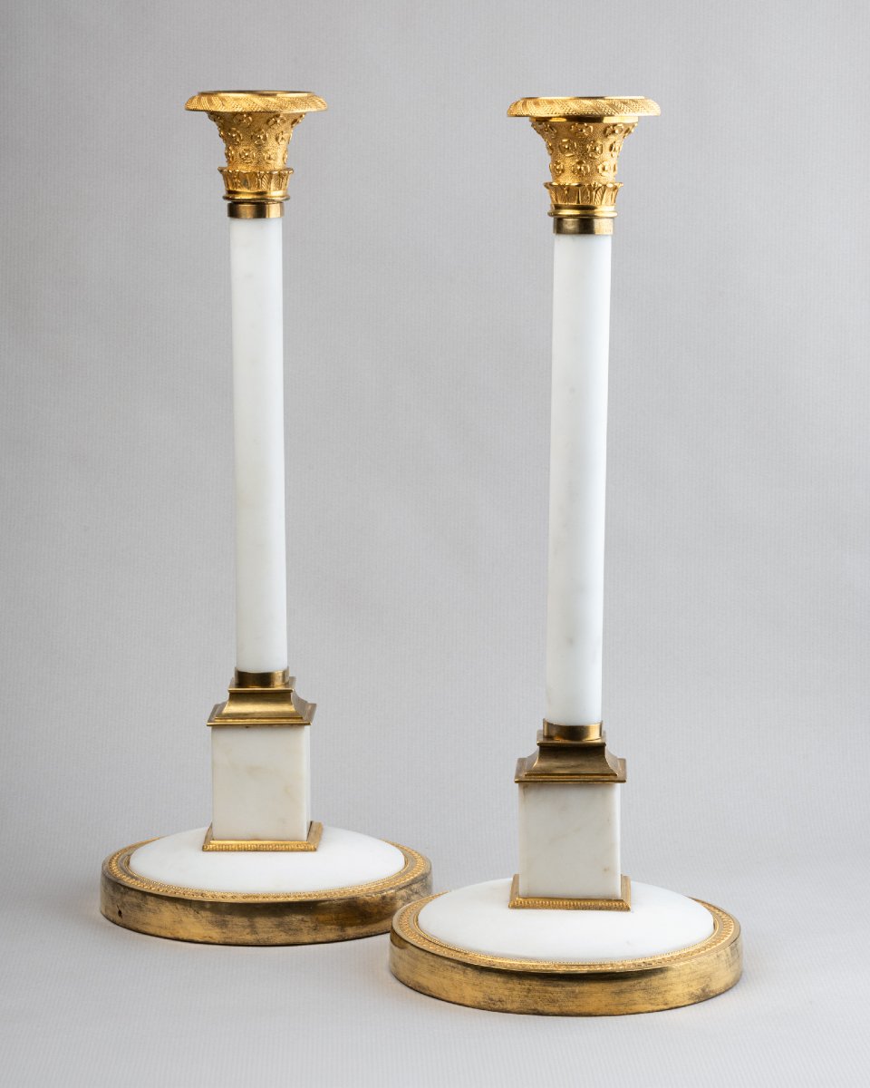 Pair Of Large White Marble Candlesticks, Circa 1800