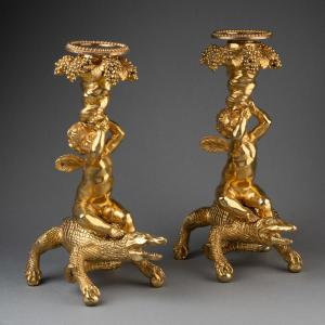 Paire de bougeoirs aux crocodiles circa 1830