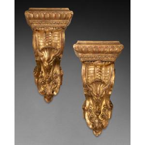 Pair Of Large Gilded Wooden Wall Sconces From The Mid-19th Century