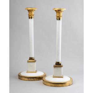 Paire de grands flambeaux marbre blanc circa 1800
