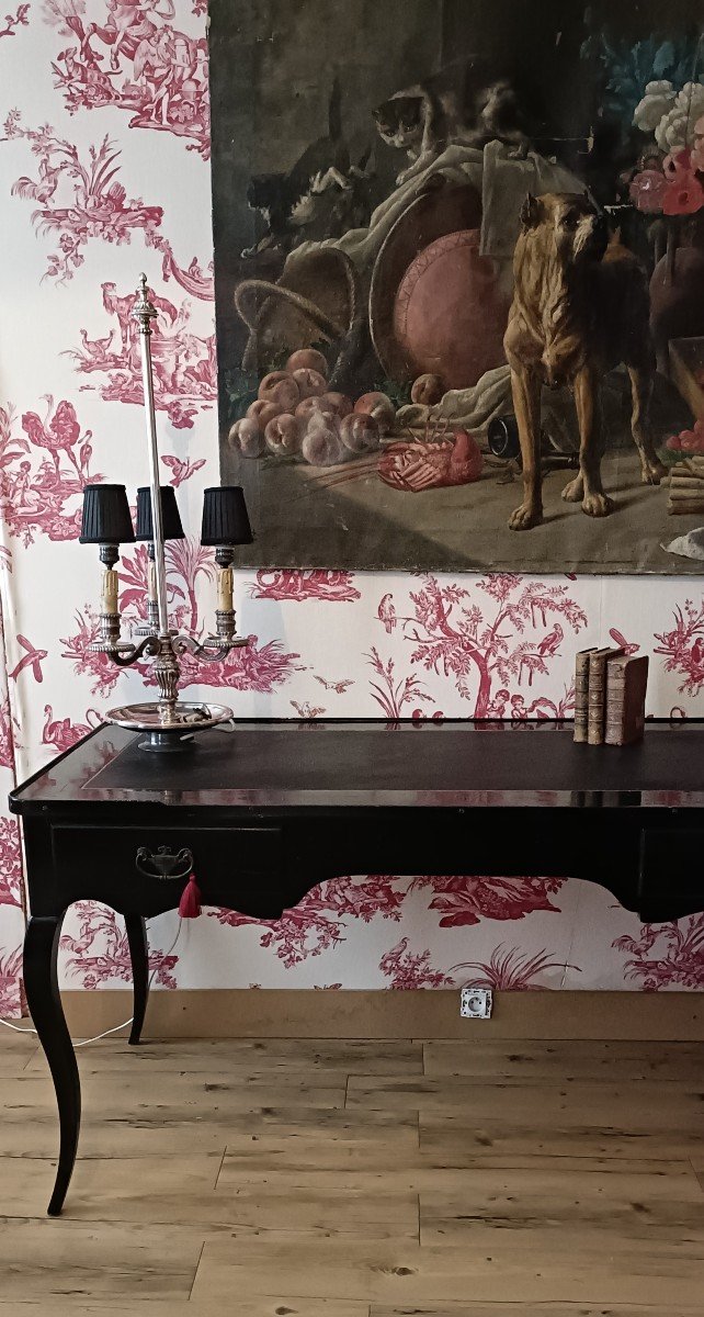 Grand Bureau Plat Laqué Noir De Style Louis XV