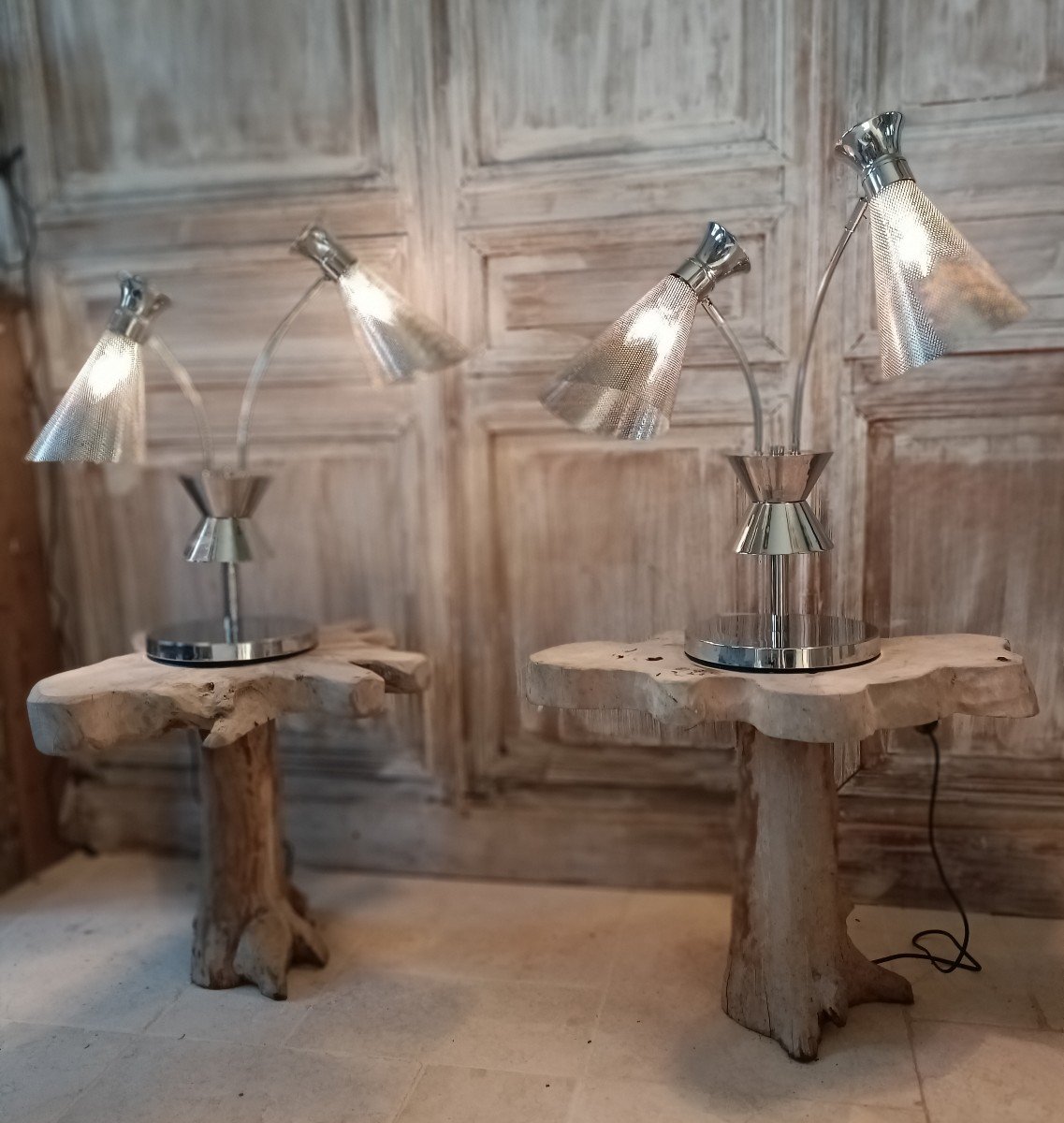 Paire De Lampes En Chrome Années 80