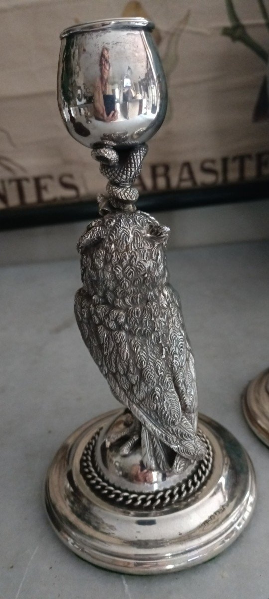 Paire De Bougeoirs Animaliers En Bronze Argenté -photo-4