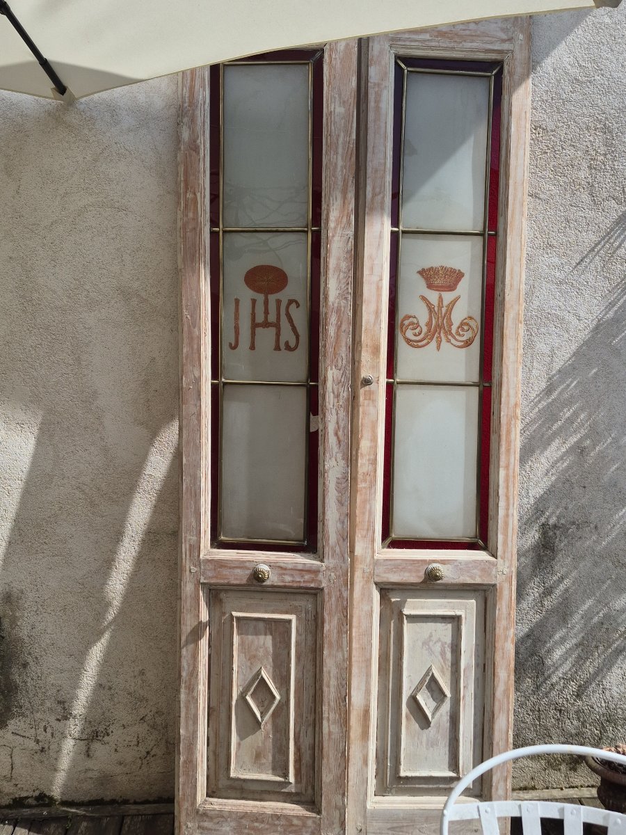 Paire de portes ancienne avec vitraux 