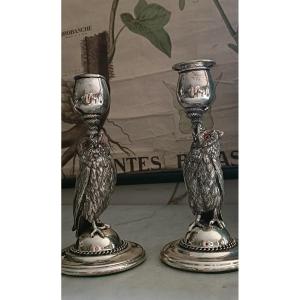 Pair Of Animal Candlesticks In Silver Bronze
