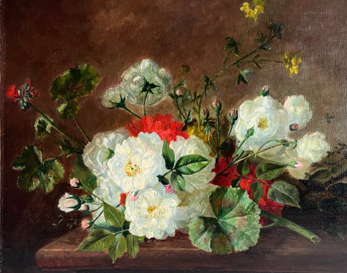 "jetty Of Wild Roses" Lyon School 19th Century-photo-3