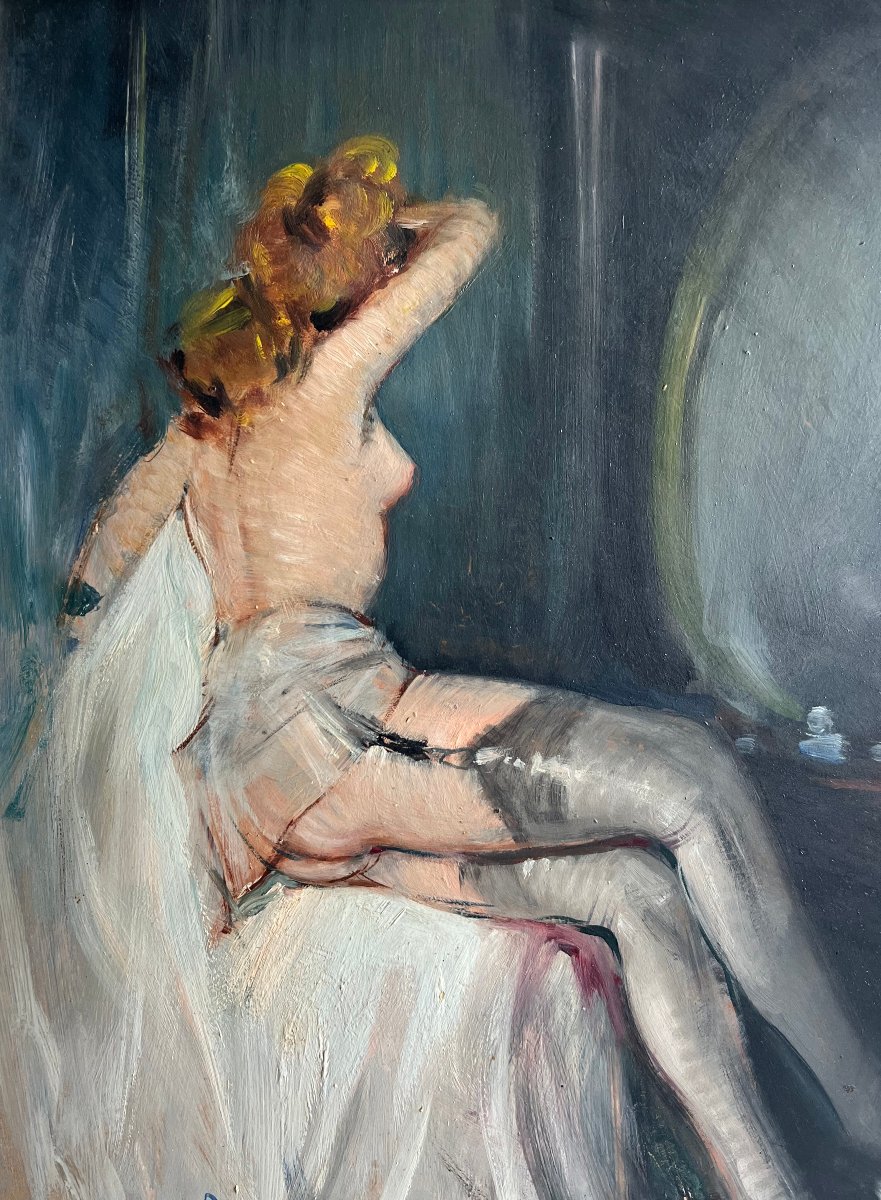 "Femme nue aux bas et porte-jarretelles" Ec. franç. début 20 ème-photo-3