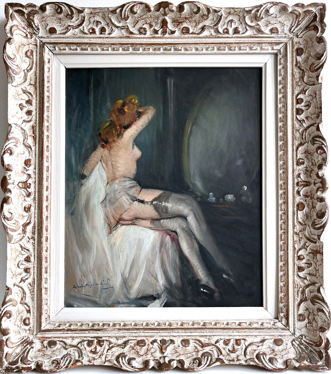 "Femme nue aux bas et porte-jarretelles" Ec. franç. début 20 ème