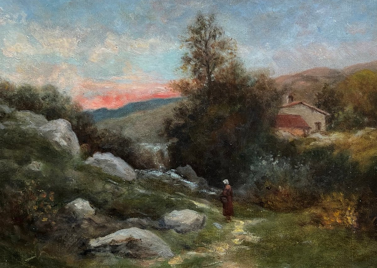"Paysage au soleil couchant" Ec. franç. 19ème-photo-3