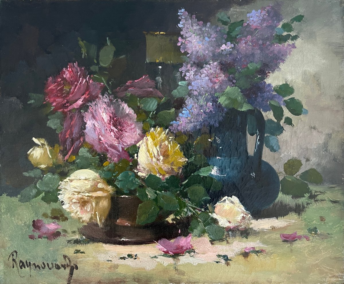 "bouquet Of Roses And Lilacs" French School, 19th Century-photo-2
