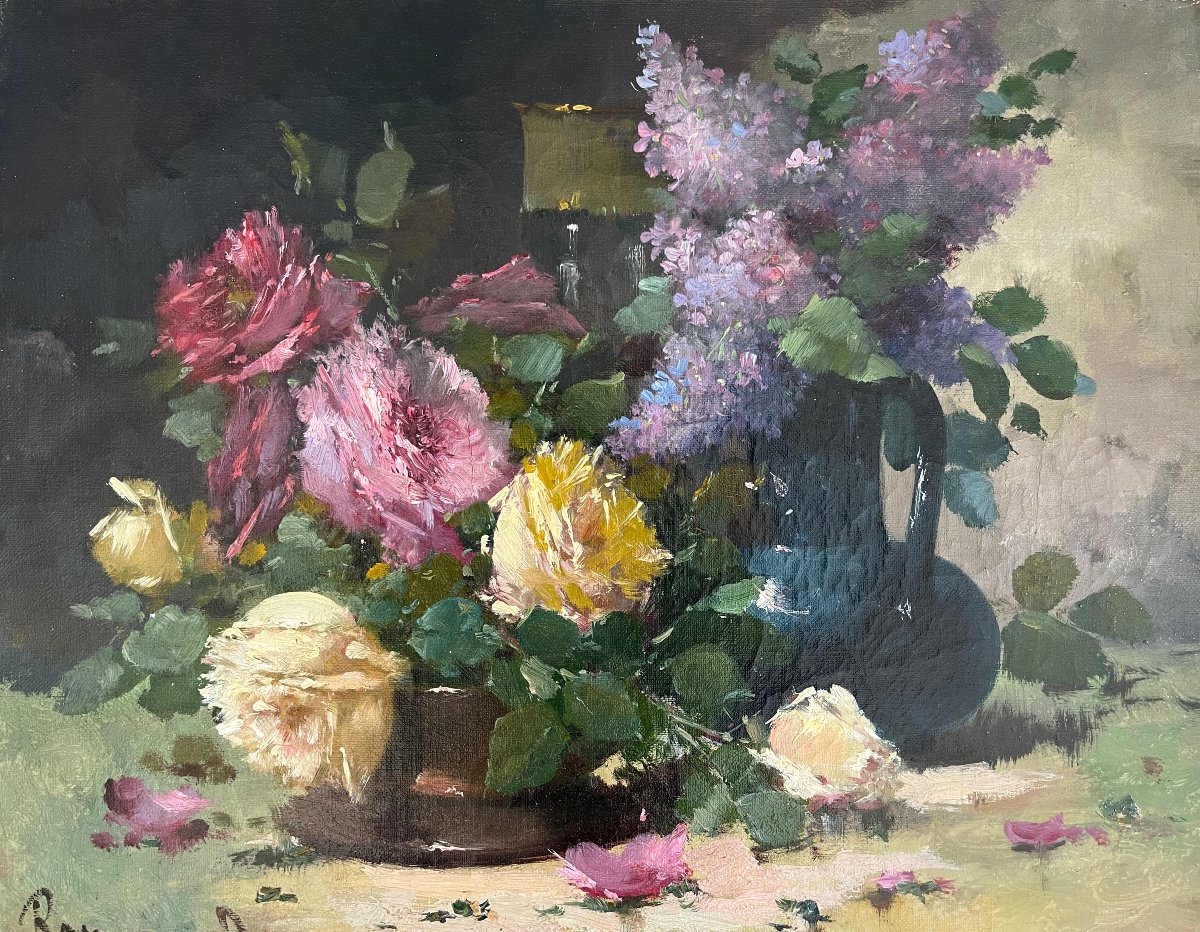 "bouquet Of Roses And Lilacs" French School, 19th Century-photo-3