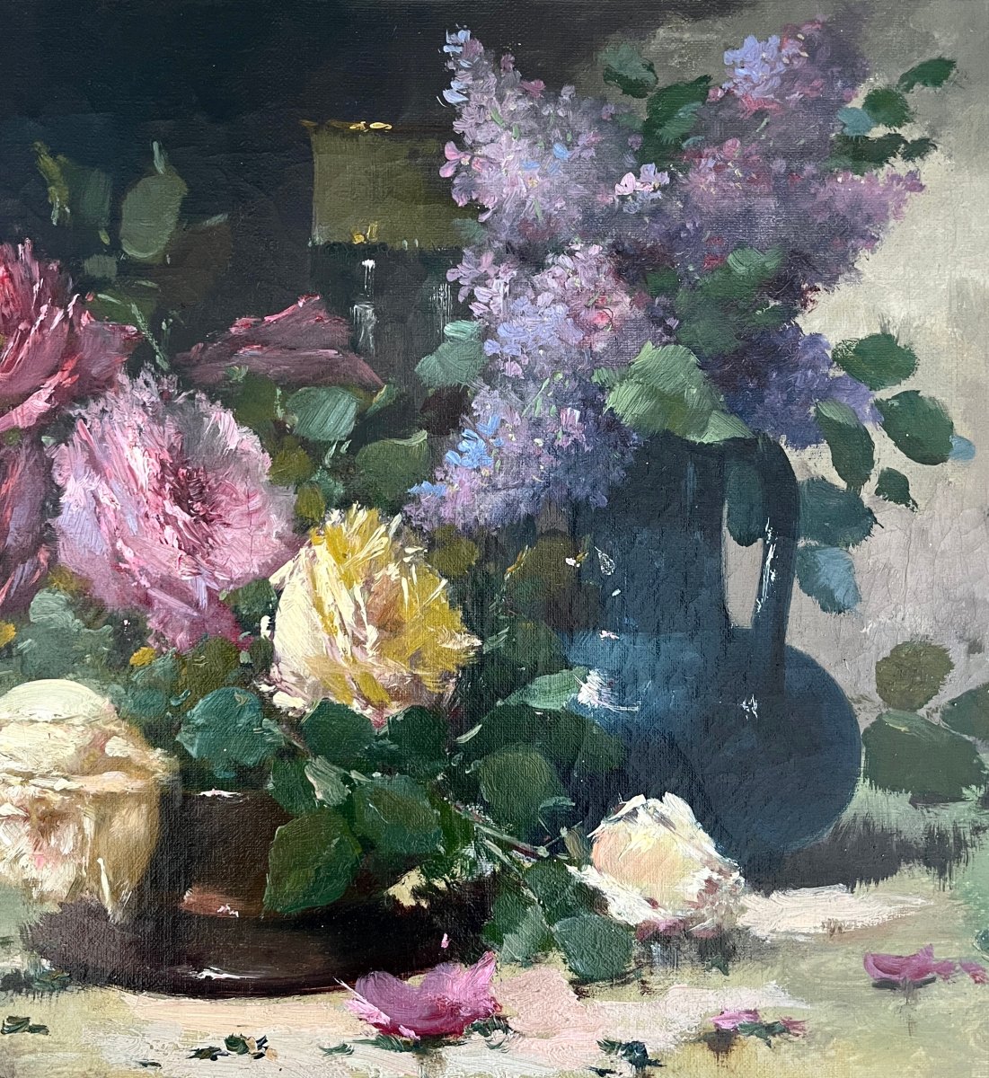 "bouquet Of Roses And Lilacs" French School, 19th Century-photo-4