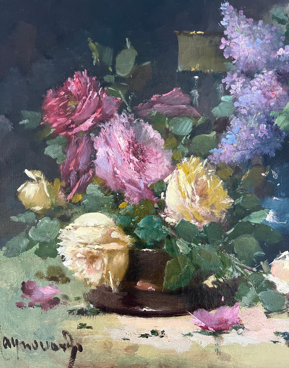 "bouquet Of Roses And Lilacs" French School, 19th Century-photo-1
