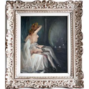 "Femme nue aux bas et porte-jarretelles" Ec. franç. début 20 ème