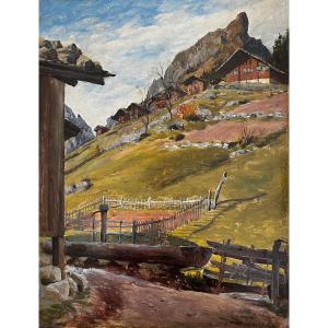 "chalets At The Foot Of A Rocky Peak" Paul Louchet