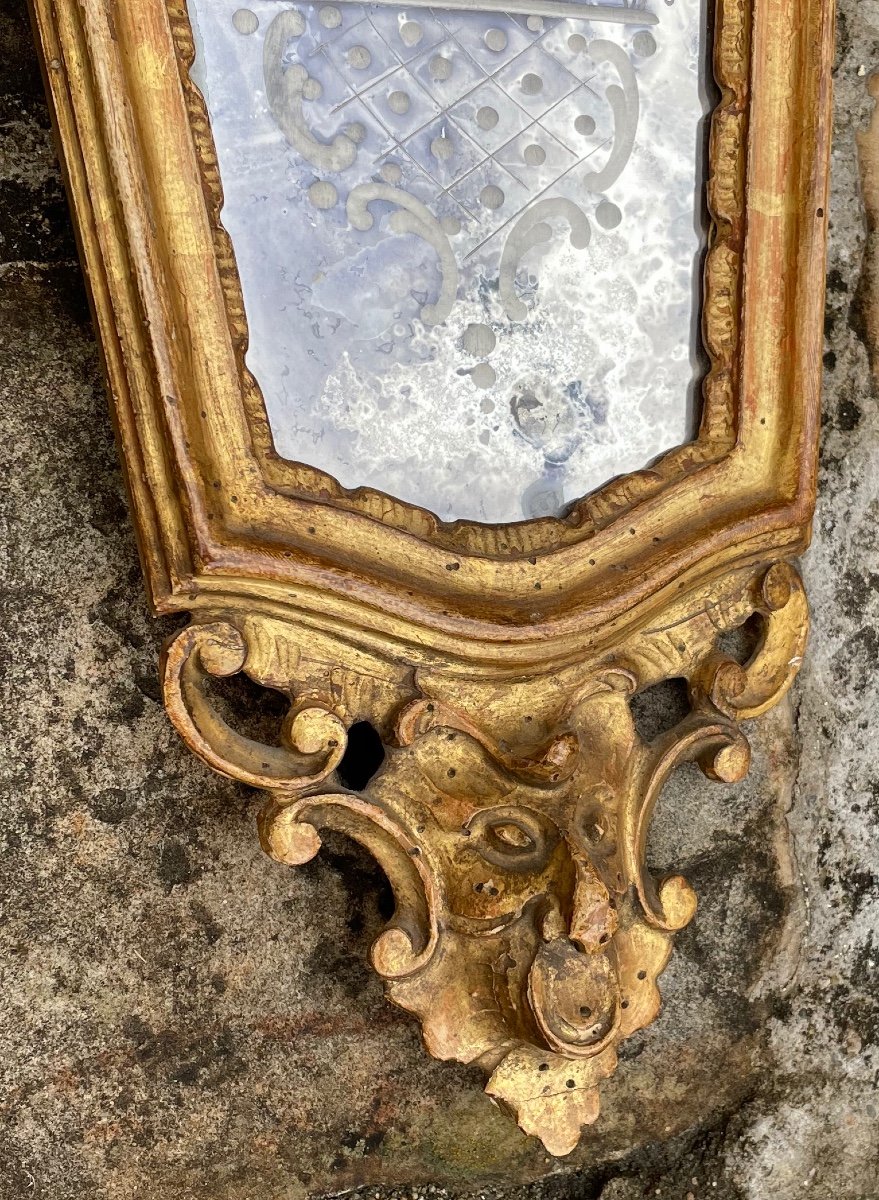 Paire De Miroirs Italiens En Bois Sculpté Et Doré-photo-3