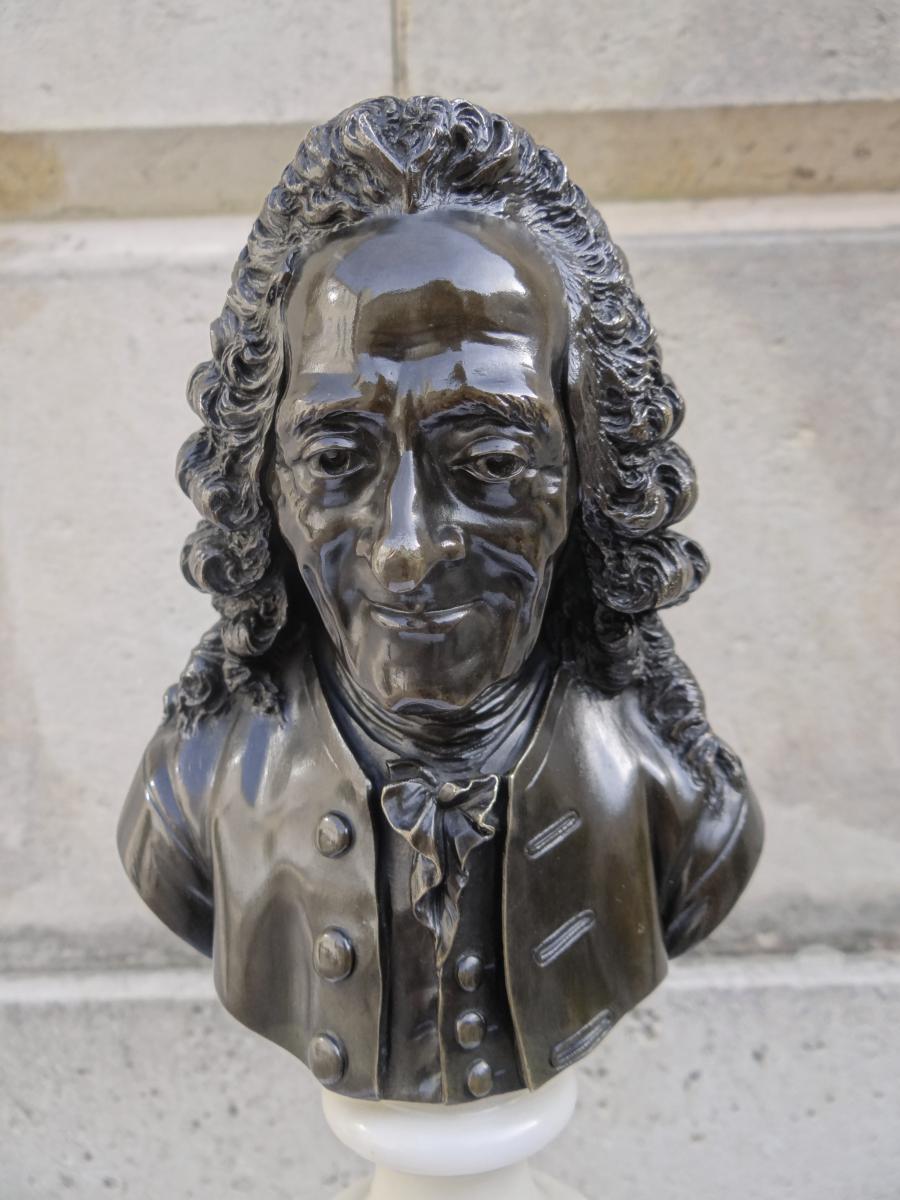 Sculpture :Paire De Bustes En Bronze : Voltaire Et Rousseau-photo-3