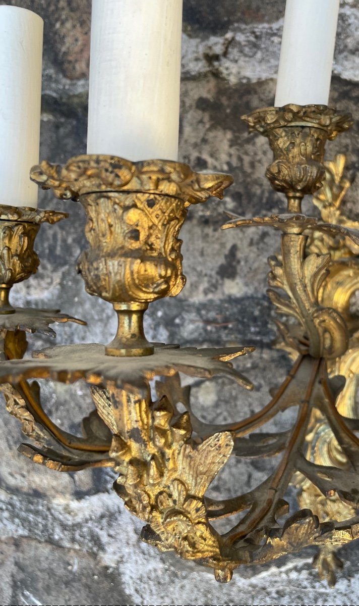 Pair Of Louis XV Sconces, Rocaille Style, In Gilded Bronze-photo-3