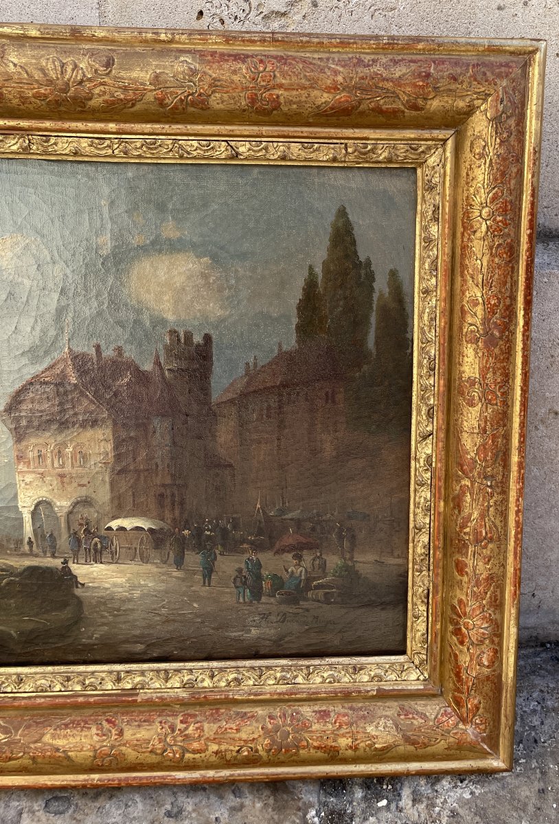 Oil Painting On Canvas Depicting A View Of A Bustling Harbor-photo-2