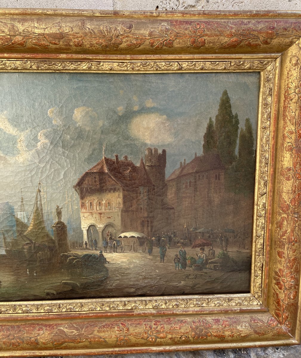 Oil Painting On Canvas Depicting A View Of A Bustling Harbor-photo-3