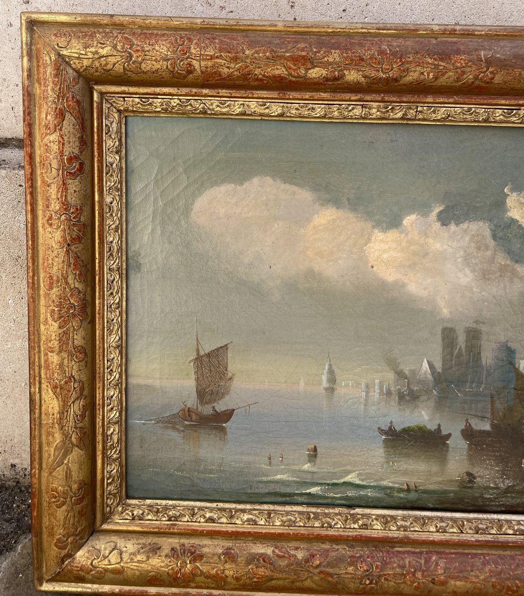 Oil Painting On Canvas Depicting A View Of A Bustling Harbor-photo-4
