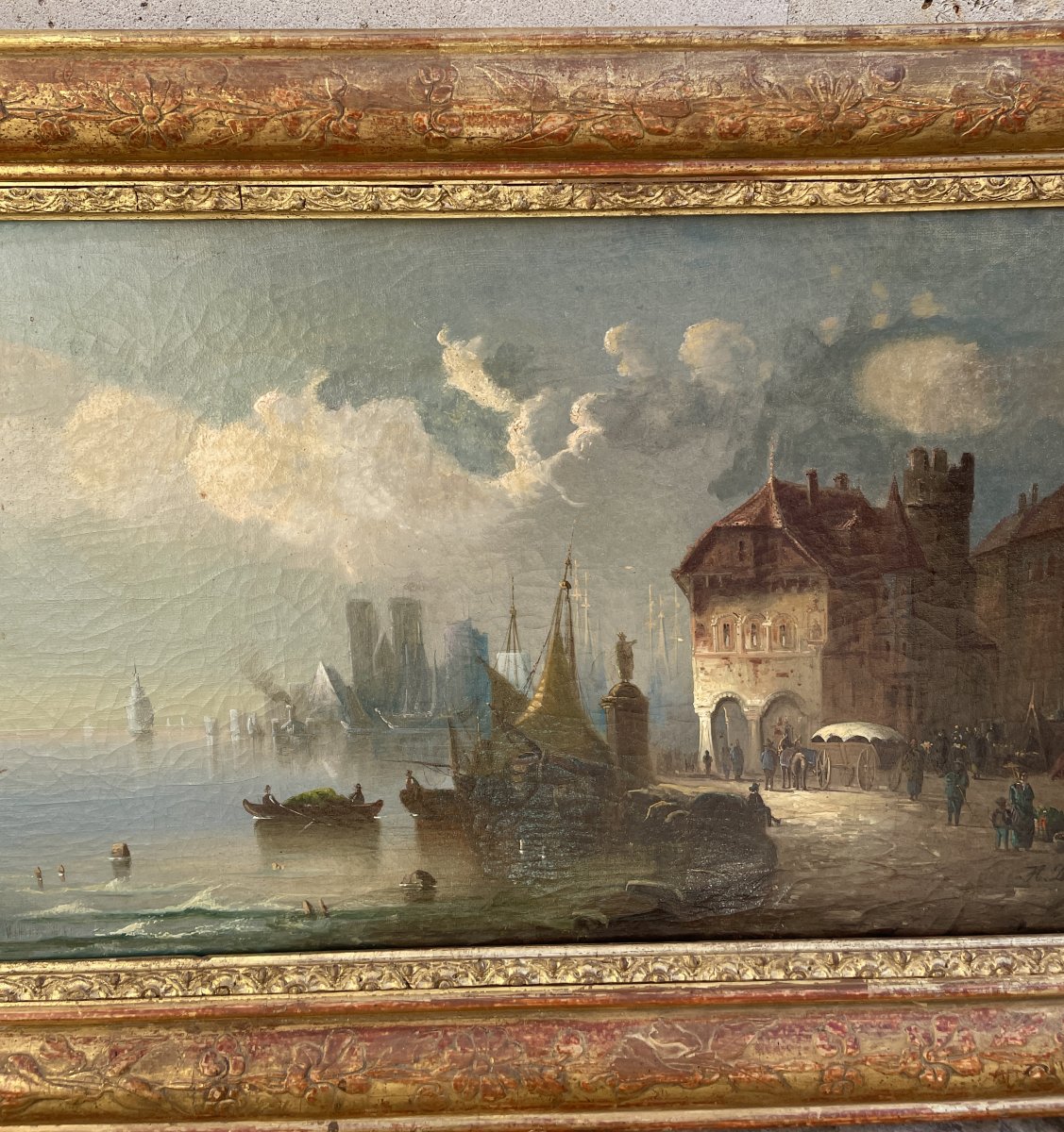 Oil Painting On Canvas Depicting A View Of A Bustling Harbor-photo-1
