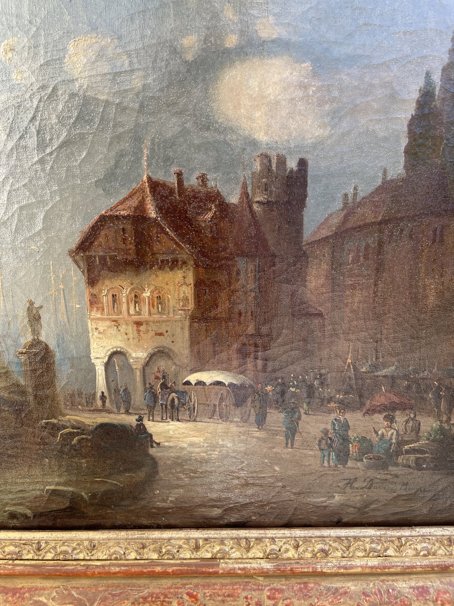 Oil Painting On Canvas Depicting A View Of A Bustling Harbor-photo-4