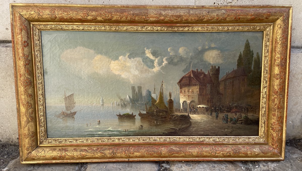 Oil Painting On Canvas Depicting A View Of A Bustling Harbor