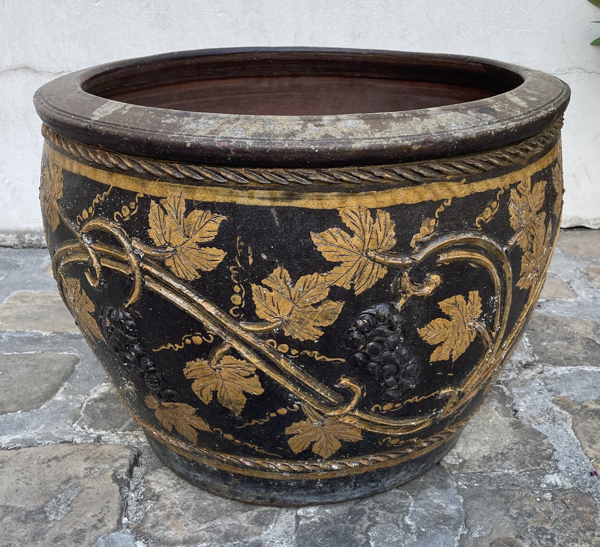 Grand cache pot de forme vasque en terre cuite vernissée-photo-2