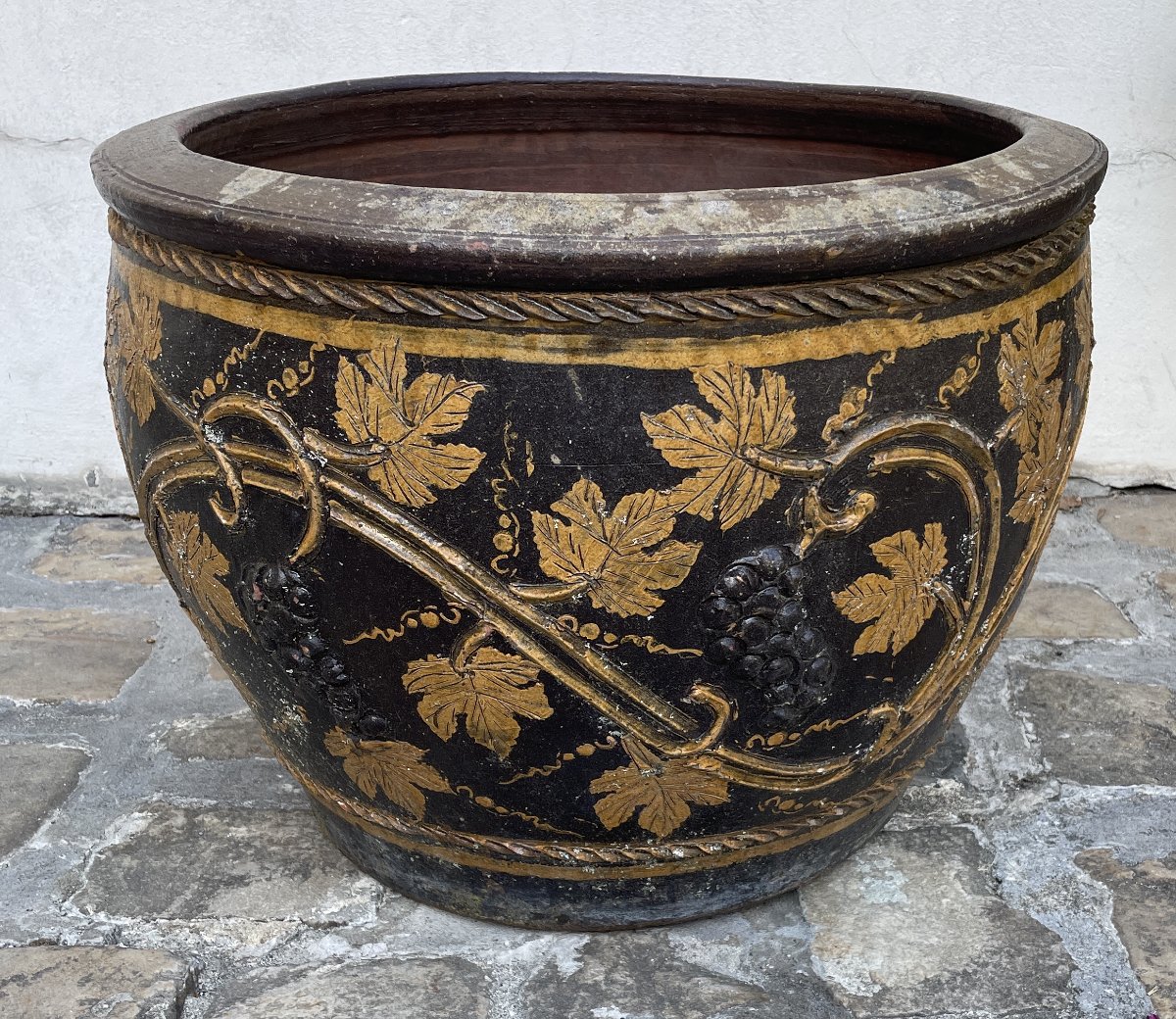 Grand cache pot de forme vasque en terre cuite vernissée-photo-4