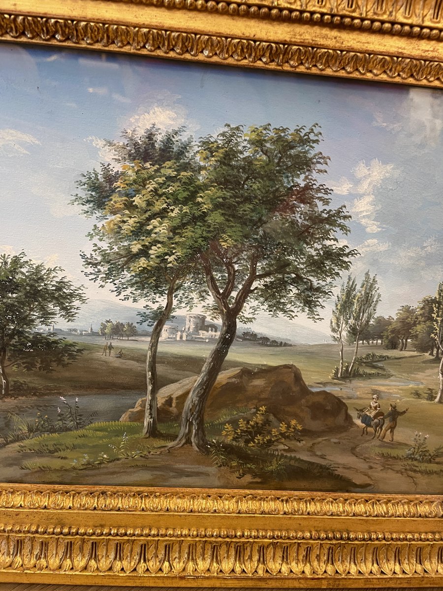 Tableau . Gouache d'époque Empire. Paysage animé-photo-1