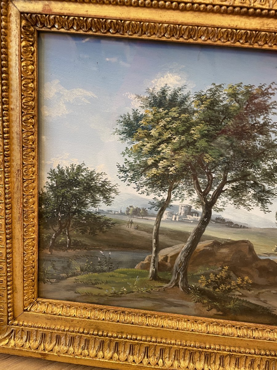 Tableau . Gouache d'époque Empire. Paysage animé-photo-2