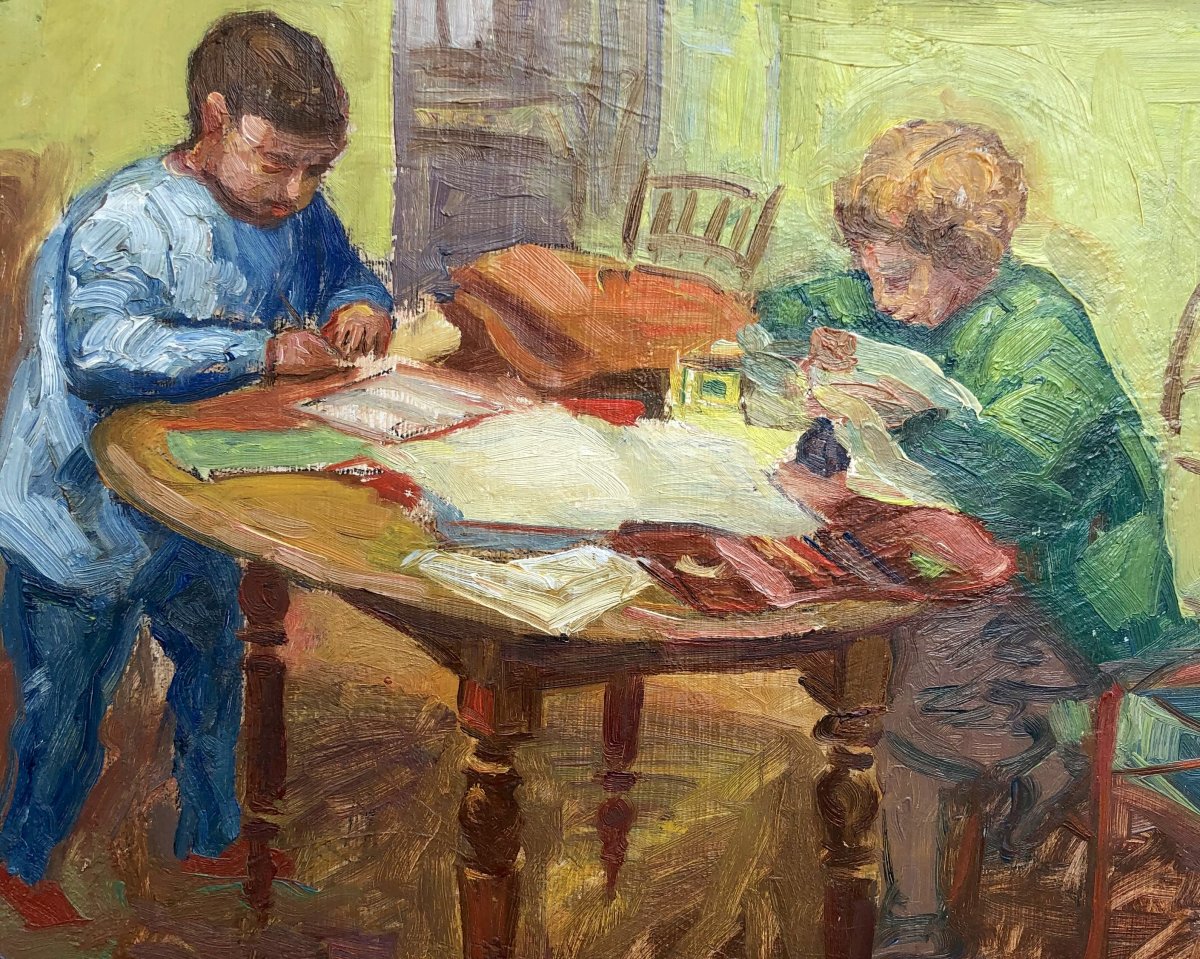 Louis Peyré. Oil On Wood . Evening Homework-photo-4
