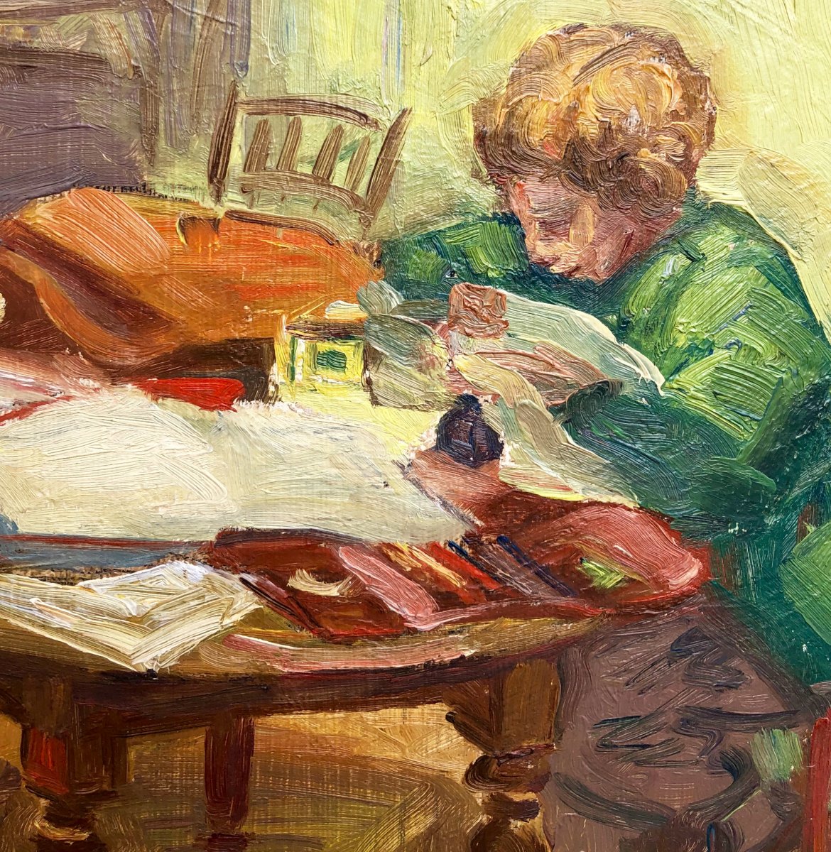 Louis Peyré. Oil On Wood . Evening Homework-photo-1