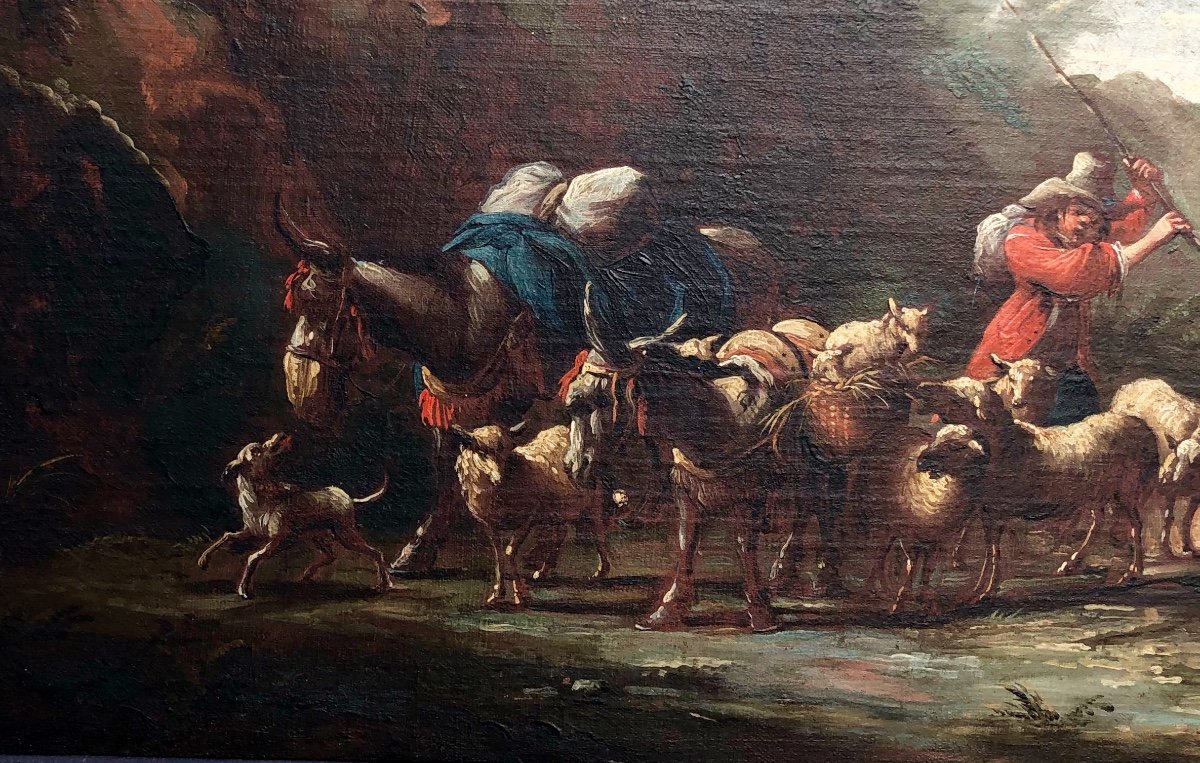 Huile Sur Toile : d'Après Berchem : Berger Et Ses Moutons-photo-2